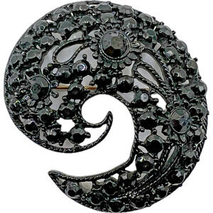 M JENT Vintage Jet Black Rhinestone Filigree PAISLEY BROOCH Costume Jewelry